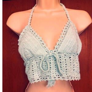 KENDALL & KYLIE Women's Crochet Halter Coastal Light Turquoise Crop Top Small
